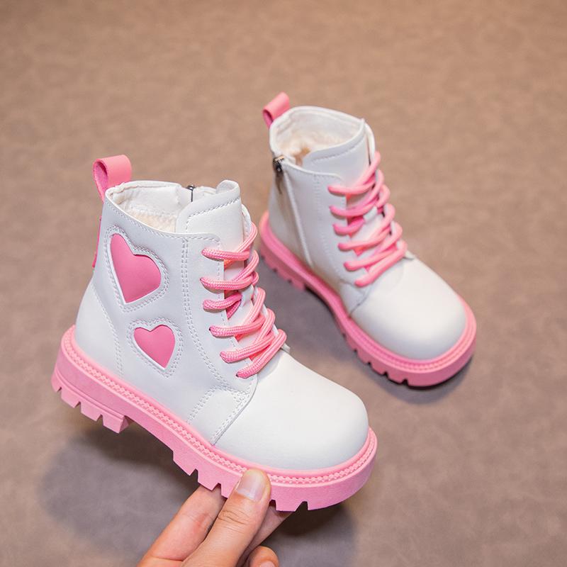 Girls Fashion Boots Kids Rubber Leather Boots Autumn and Winter Cotton Soft Sole Pink with Love Side Zip Children Princess Boots
