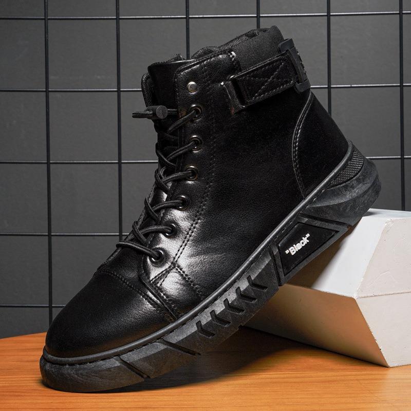 Fashion High Top Men's Leather Boots British Style Platform Boots for Men Fleece and Warm Soft Soled Men's Boots Resistant Shoes