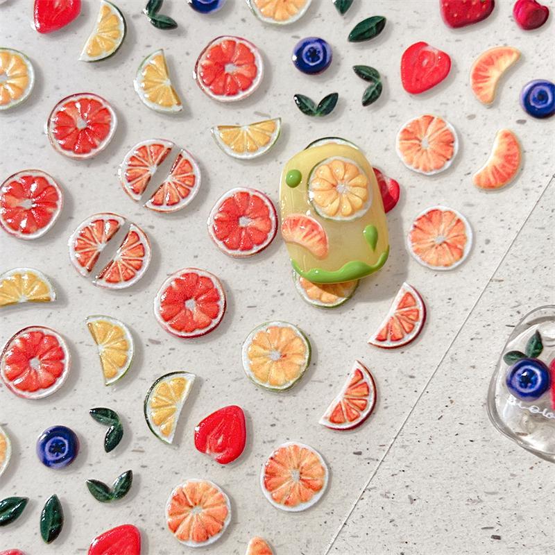 

5D Embossed Citrus Strawberry Fruits Nail Stickers Kawaii Blueberry Nail Art Decorations Self-Adhesive Slider For Diy Nail Salon