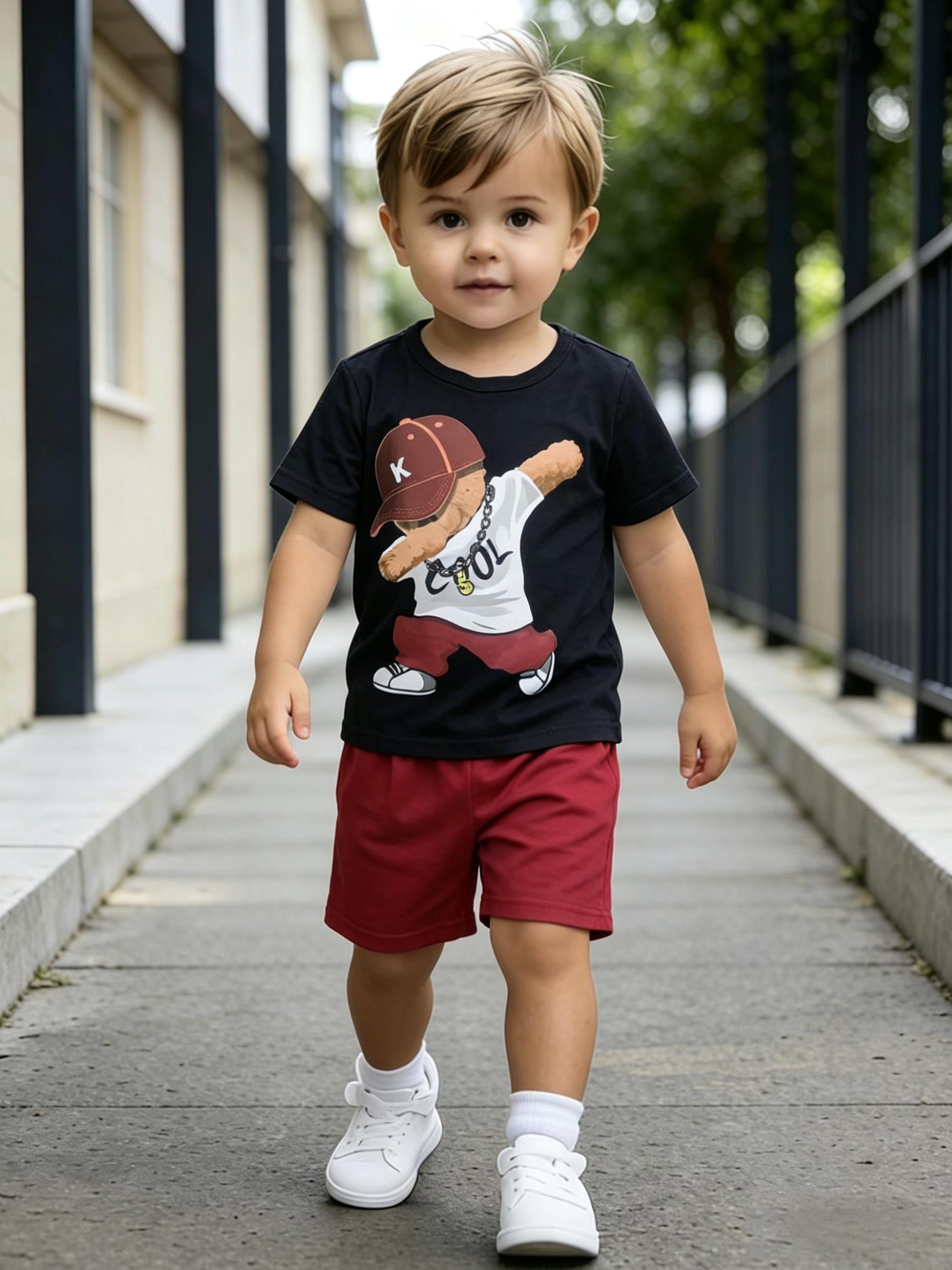 

Toddler Boys Cool Dabbing Bear Print 2-Piece Outfit, Summer Black & Red Casual Clothes for Kids, Perfect for Playwear & Outdoor 1-2Y чёрный