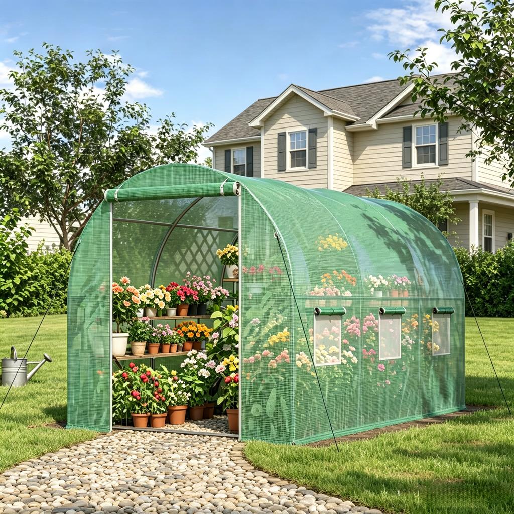 Outdoor Greenhouse with Zippered Roll-up Door, Large Garden Greenhouse, Backyard Greenhouse