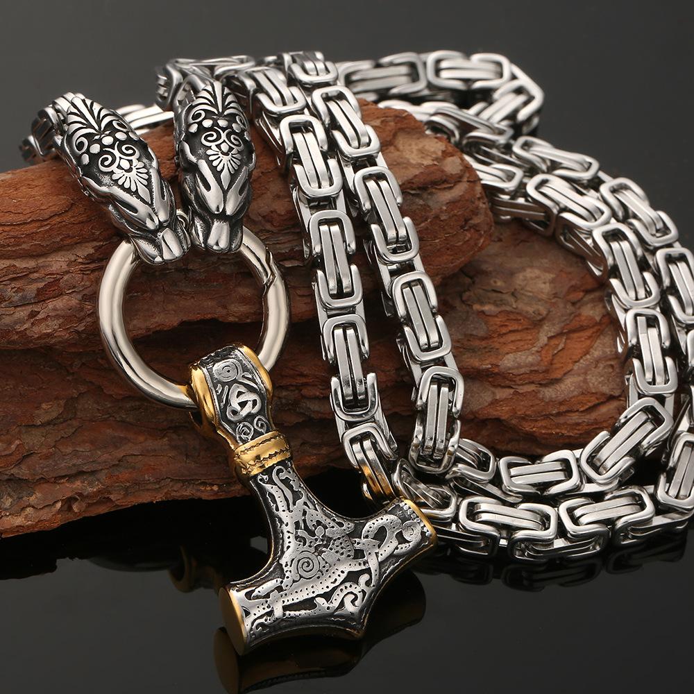 Collier pendentif tête de loup en acier inoxydable Viking nordique pour hommes, marteau de Thor 