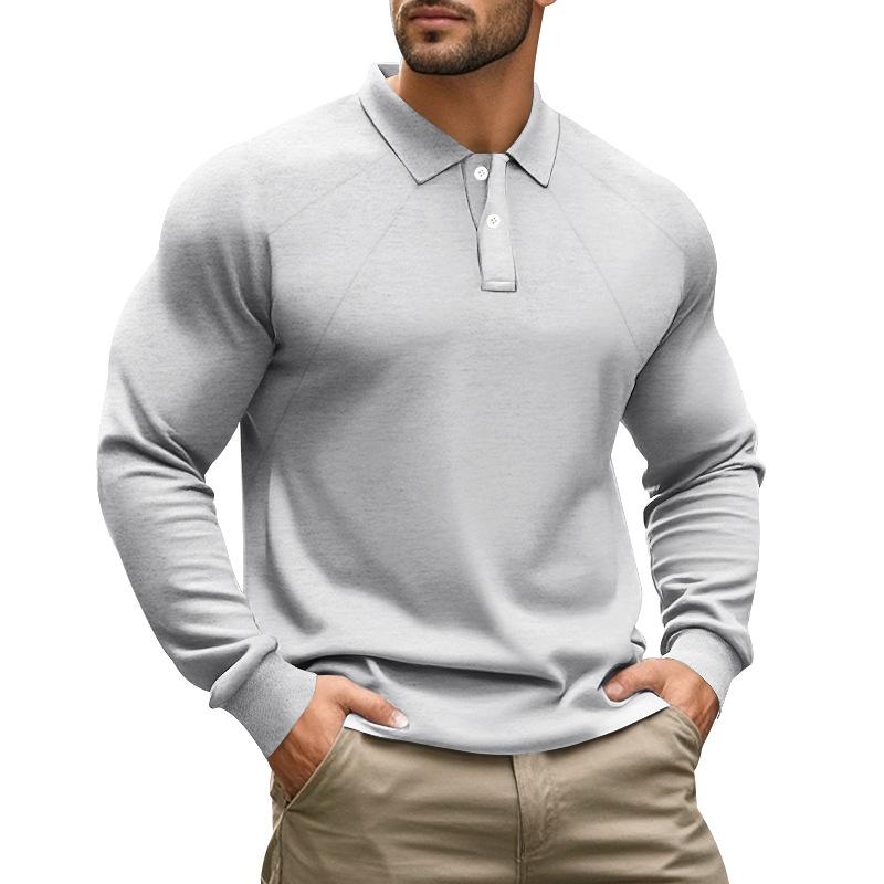 Men's Solid Color Long Sleeve Polo Shirt Casual Breathable Beige Top