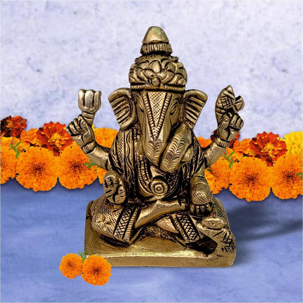 Pure Brass Ganesha Idol, Ganpati Idol For Home Decor, God Ganesh Statue -10 Cm