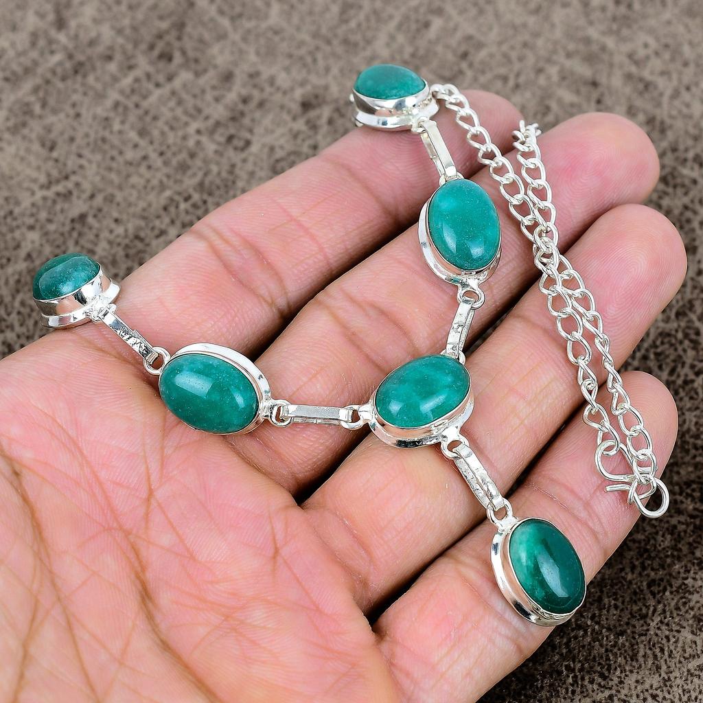 Green Jade Gemstone Handmade 925 Sterling Silver Jewelry Necklace 18" KKG-396