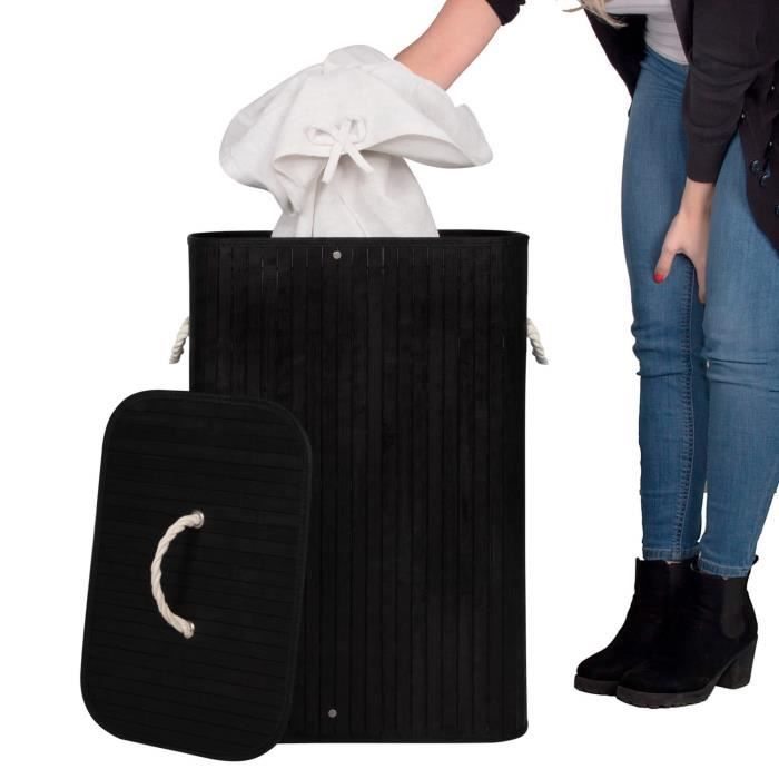 Panier à Linge - SPRINGOS® - 72L - Bambou - Noir - Amovible avec Couvercle