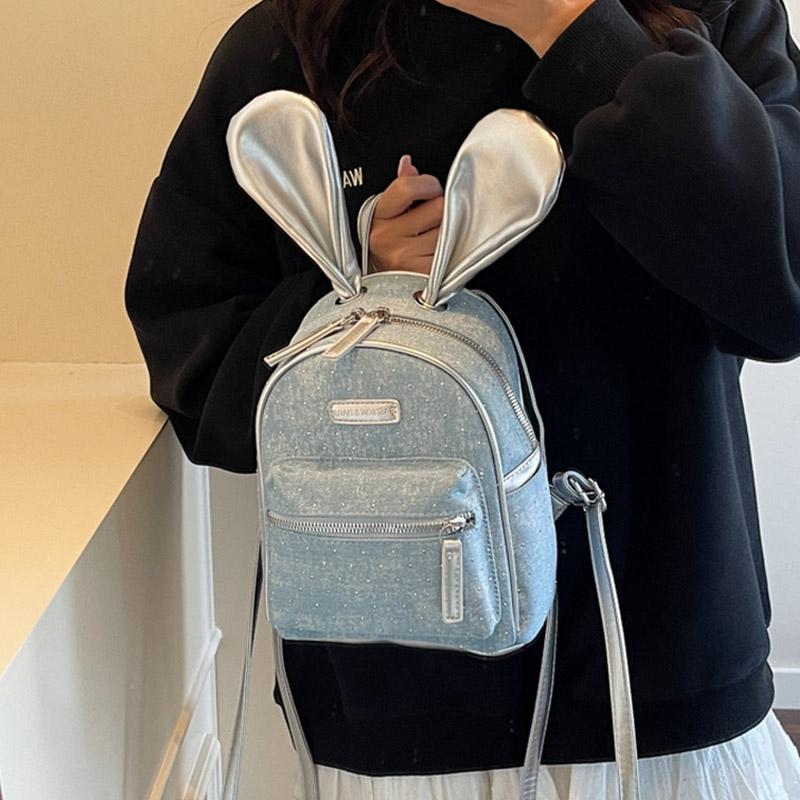 

Fashi Mini Diamd Denim Backpacks Cute Rabbit Ear Handbags Versatile One Shoulder Bags Casual College Student School Bags 17X21X10cm небесно-голубой