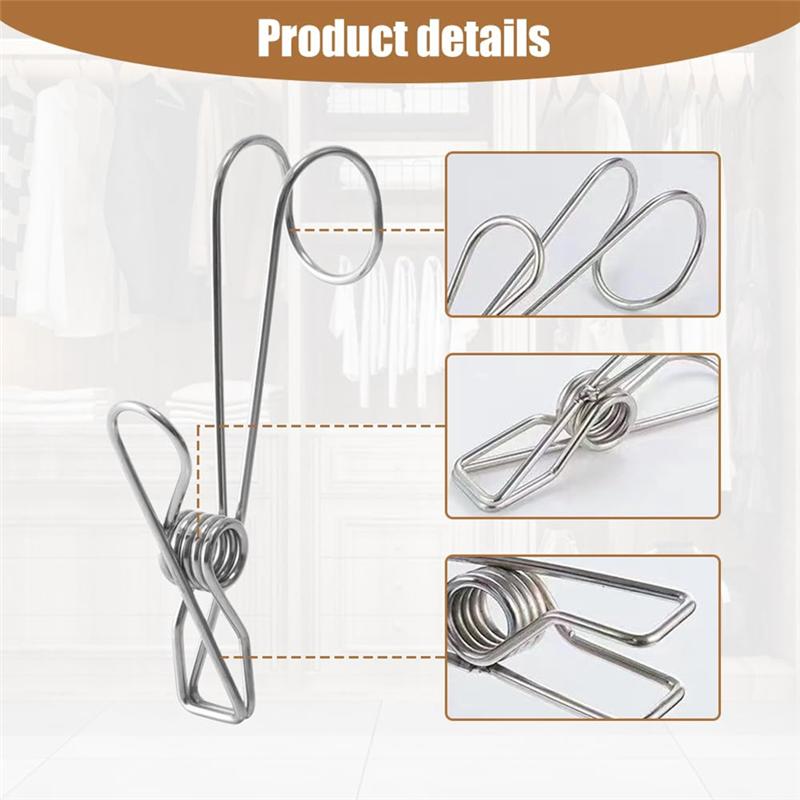 M-Modern-Stainless Steel Metal Long Tail Clip With Hook, Stainless Steel Clothespin Hook Clip Hanging Universal Clip,