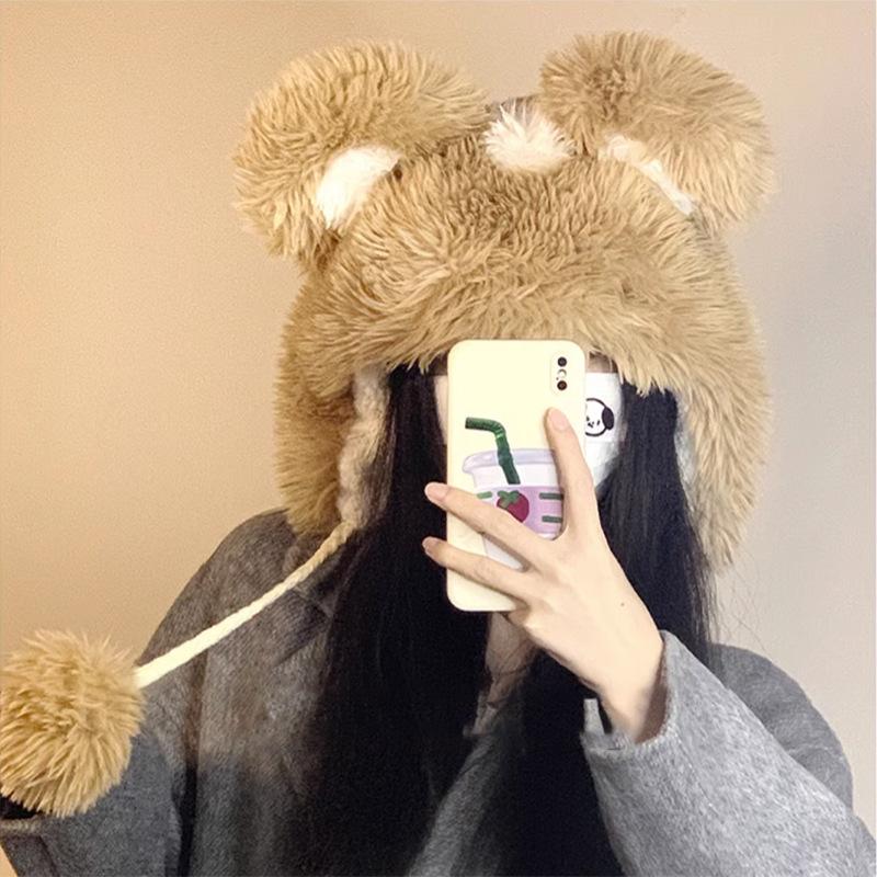 

Милая шапка-медвежонок с румянцем, женская, осенне-зимняя, утолщенная, теплая, с защитой ушей, шапка-пуловер, пушистая вязаная шапка из овечьей шерсти One Size