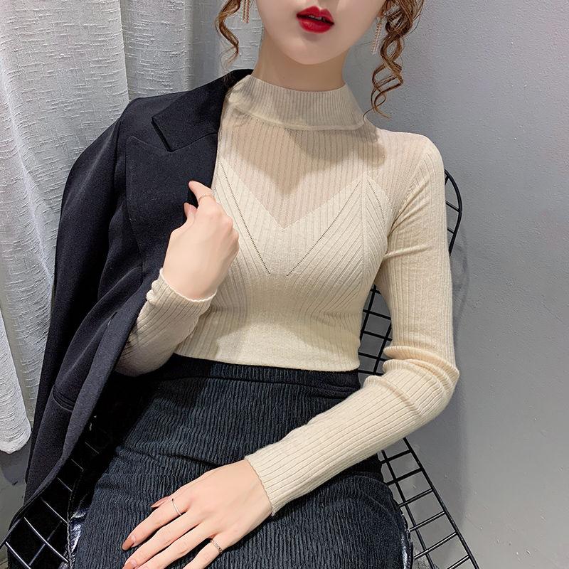 Half Turtleneck Pullover Sweater Women's Autumn And Winter New Fashion Lace Mesh Hollow Stitching Long-sleeved Knitted Top