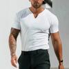 Men'S Summer Sports, Fitness, And Leisure V-Neck Elastic Solid Color Large Short Sleeve T-Shirt For Men