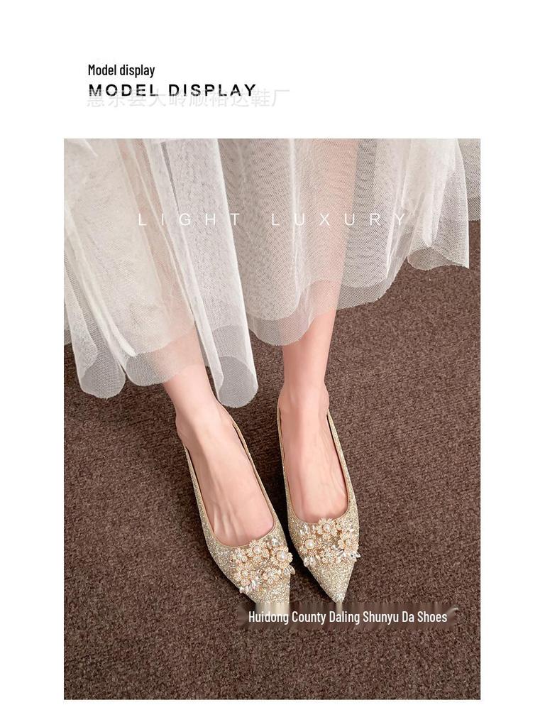 Rhinestone Buckle Wedge Heel Wedding Shoes - Women's Pointed Toe Flats with Inner Height Increase.