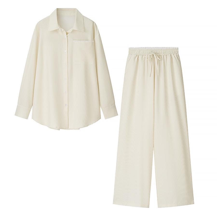 European and American Style Women's Striped Shirt and Wide-Leg Pants Set