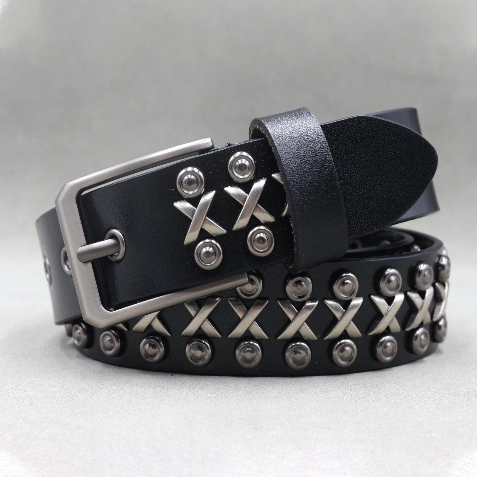 Cowhide Personality Trend Punk Men s Belt Round Rivet Neutral Pin Buckle Street Heavy Industry Belt 125cm