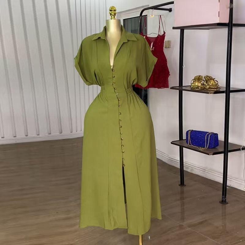 

European and American Lapel Short sleeve Single-Breasted Split Shirts Dress Single Brewed Shirt Dress Army Green S