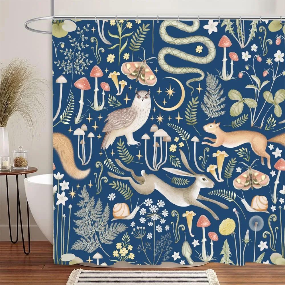 Vintage Mushroom Shower Curtain Bohemian Botanical Butterfly Wildlife Leaf Flower Polyester Fabric Bathroom Decor Curtains Set