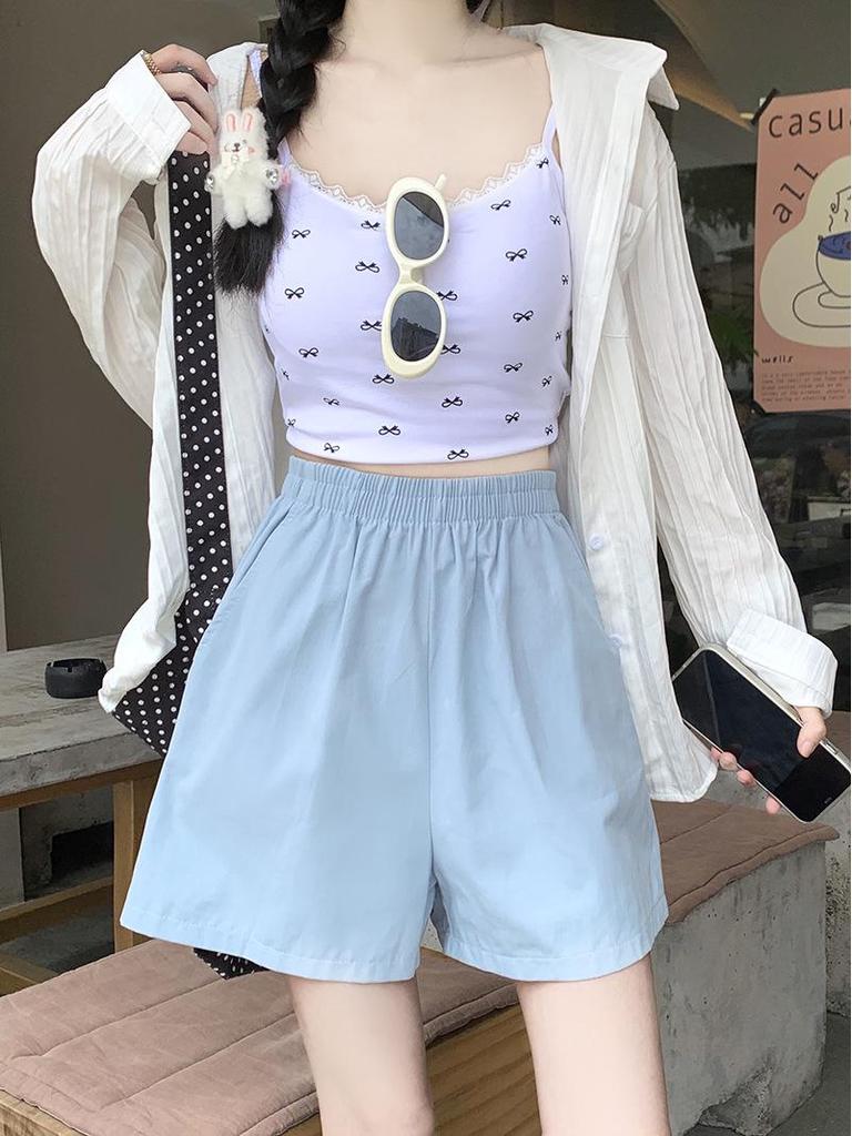 2025 Summer Women's High Waist Casual Wide-Leg Mid-Length Workwear Shorts, Petite Size.