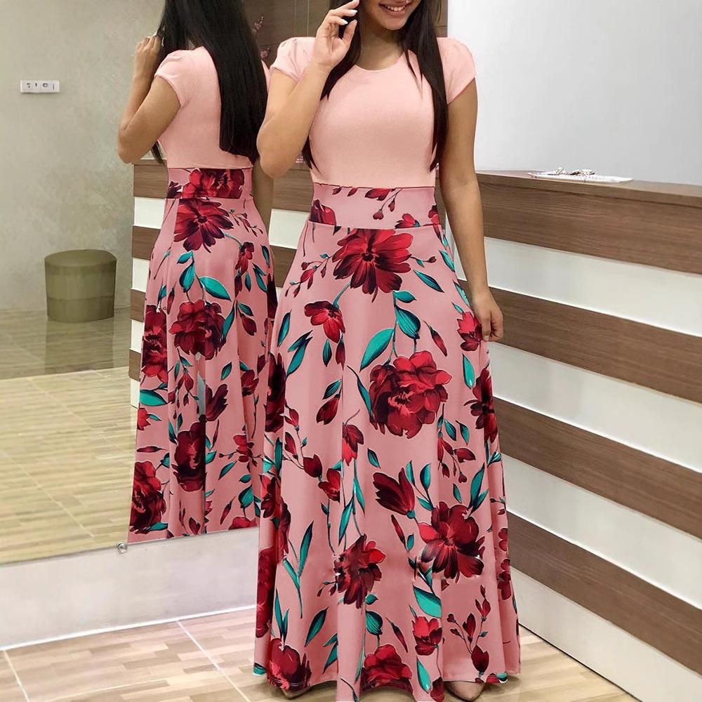 2018 Autumn Hot-Selling European & American Floral Print Color Block Long Women's Dress