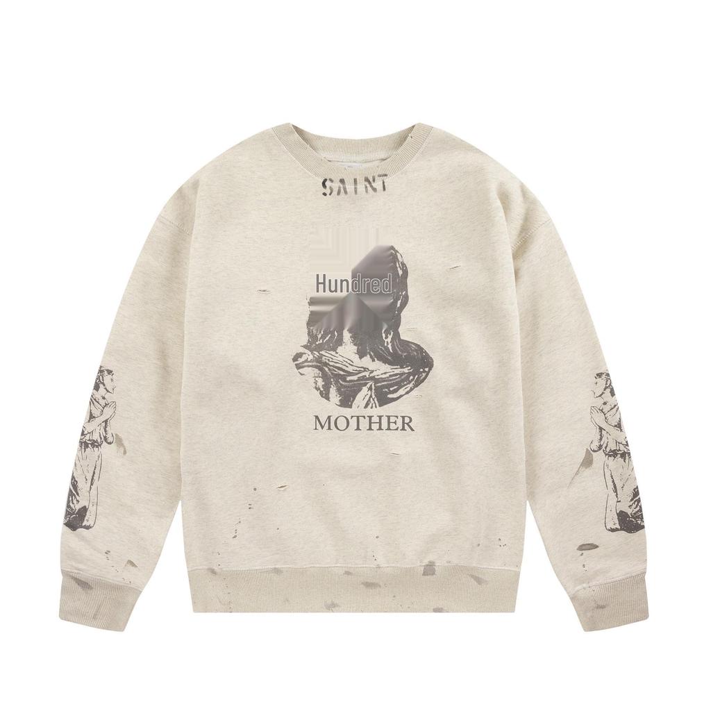 Retro Unisex Distressed Graffiti Print Loose Round Neck Sweatshirt