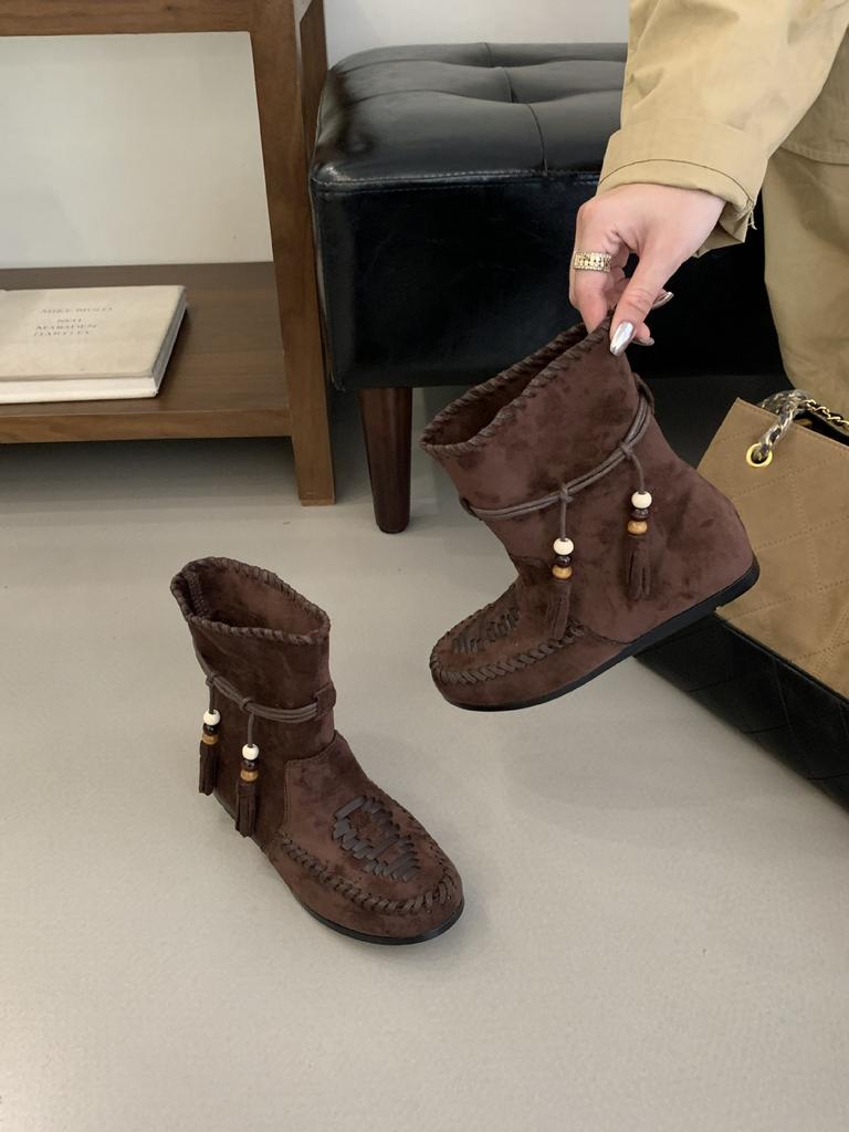 2025 Autumn New Retro Strap Fringed Boots Bosmian Flat Bottom Short Boots Women
