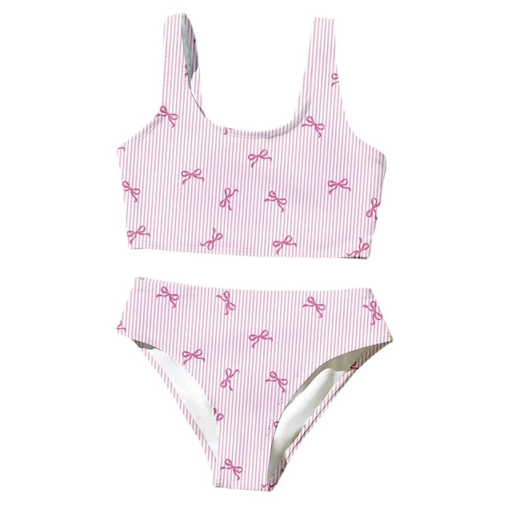 Girls Two Piece Swimsuit Tankini Set with Patterned Crop Top and Matching Bottoms for Swimming and Beach Activities
