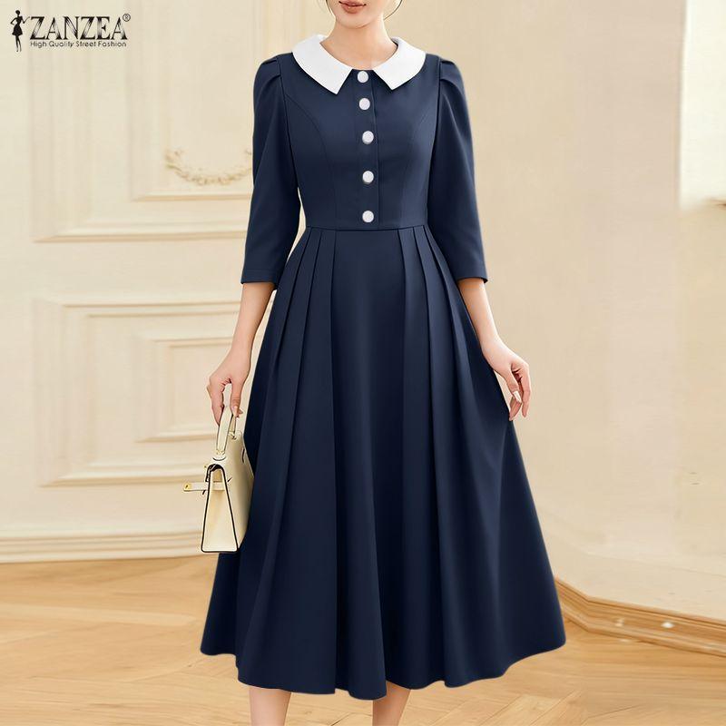 ZANZEA Women Casual Splice Doll Collar Loose Long Sleeve Elegant Dress