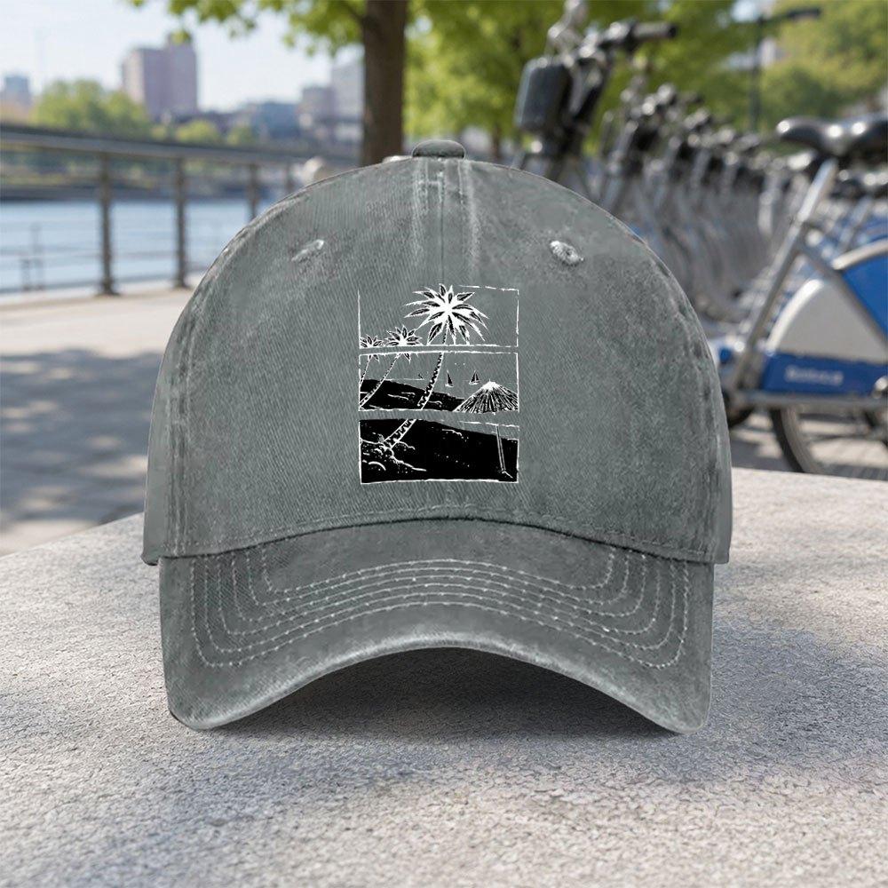 Unisex Washed Baseball Cap With Coconut Tree Beach Scenery Casual Duckbill Hat For Travel Fishing Camping Sports