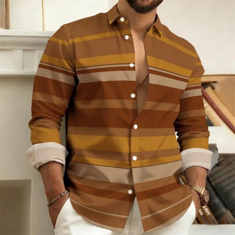 Camicia da uomo a blocchi di colore a righe orizzontali con colletto e maniche lunghe