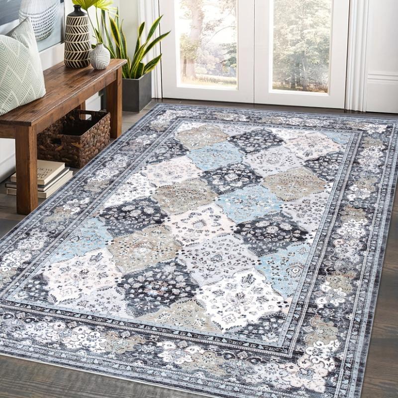 Vintage Floral Throw Rug Distressed Rug Non-Slip Flannel Indoor Floor Carpet for Bedroom Living Room Laundry, Blue, Home Décor