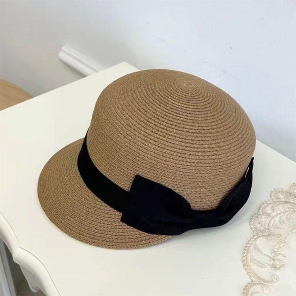 Woven Bow Straw Hat Sunshade Summer Hat Sun Cap Sunscreen Hat  Seaside Vacation