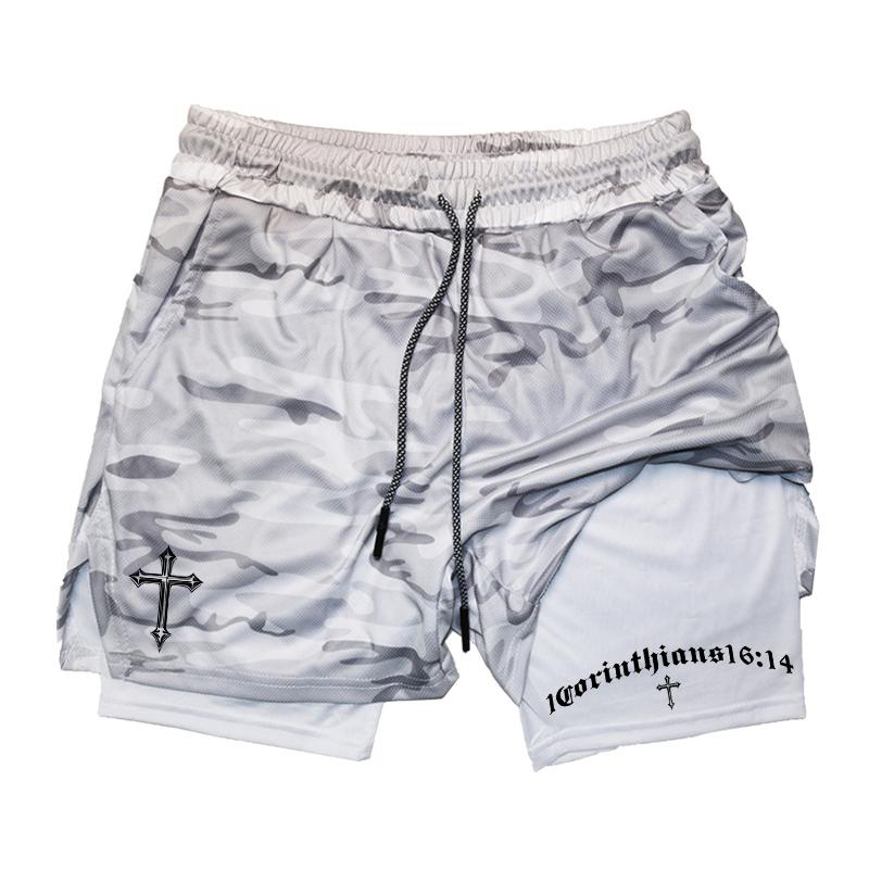 MDHAO xin nan zhuang  3D txu Kruisprint 2-in-1 Trainings- en Hardloopshorts voor Mannen Christelijk Atletisch Ademende Prestatieshorts met Telefoonvakje Handdoeklus XXL