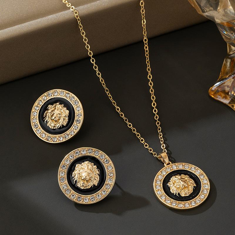 Trendy Lion Head Diamond Pendant Necklace Bracelet Stud Earrings Trendy Personality Jewelry Set