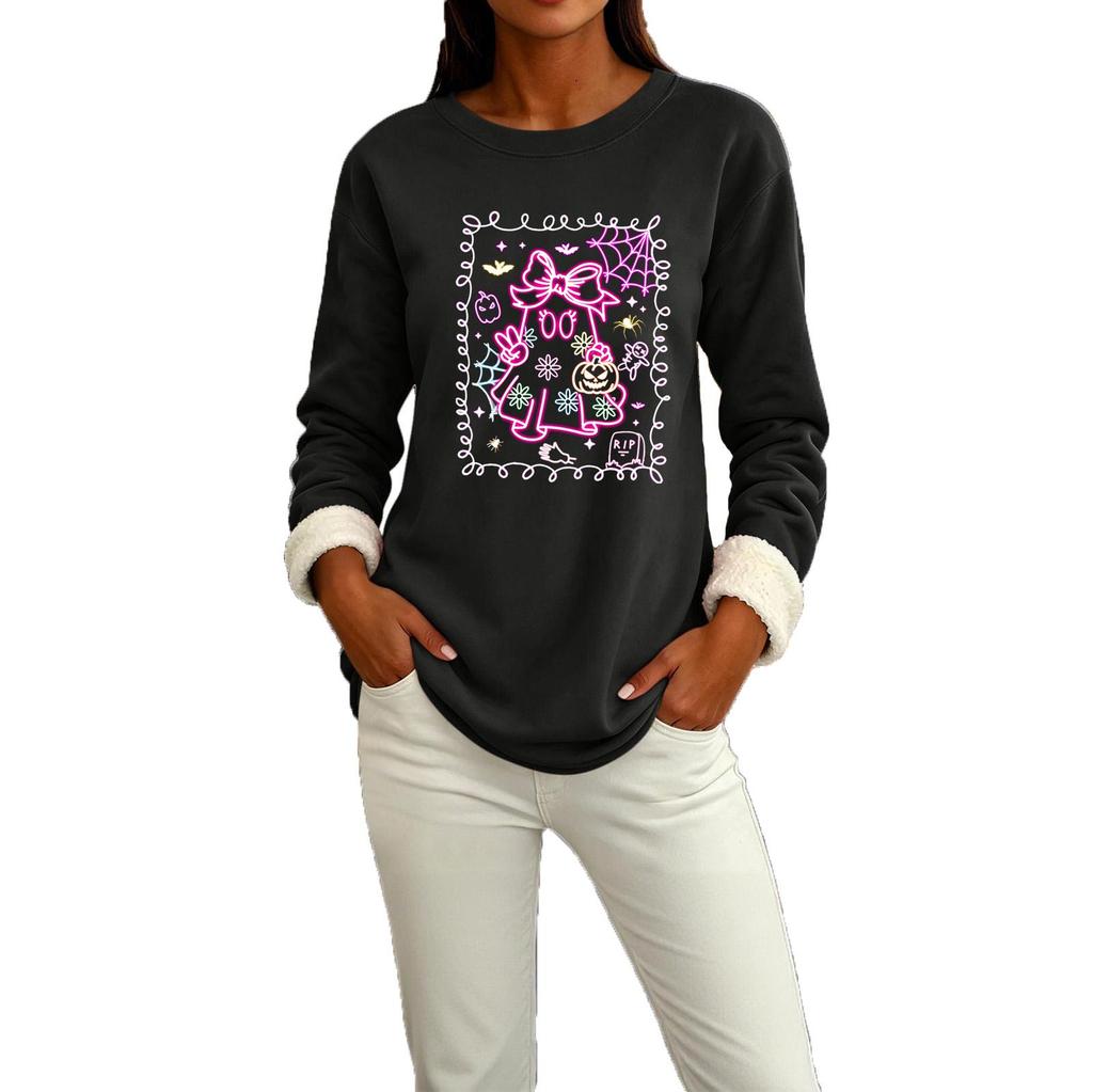 Women's -Lined Long Sleeve Round Neck Halloween Printed Casual Top for Winter