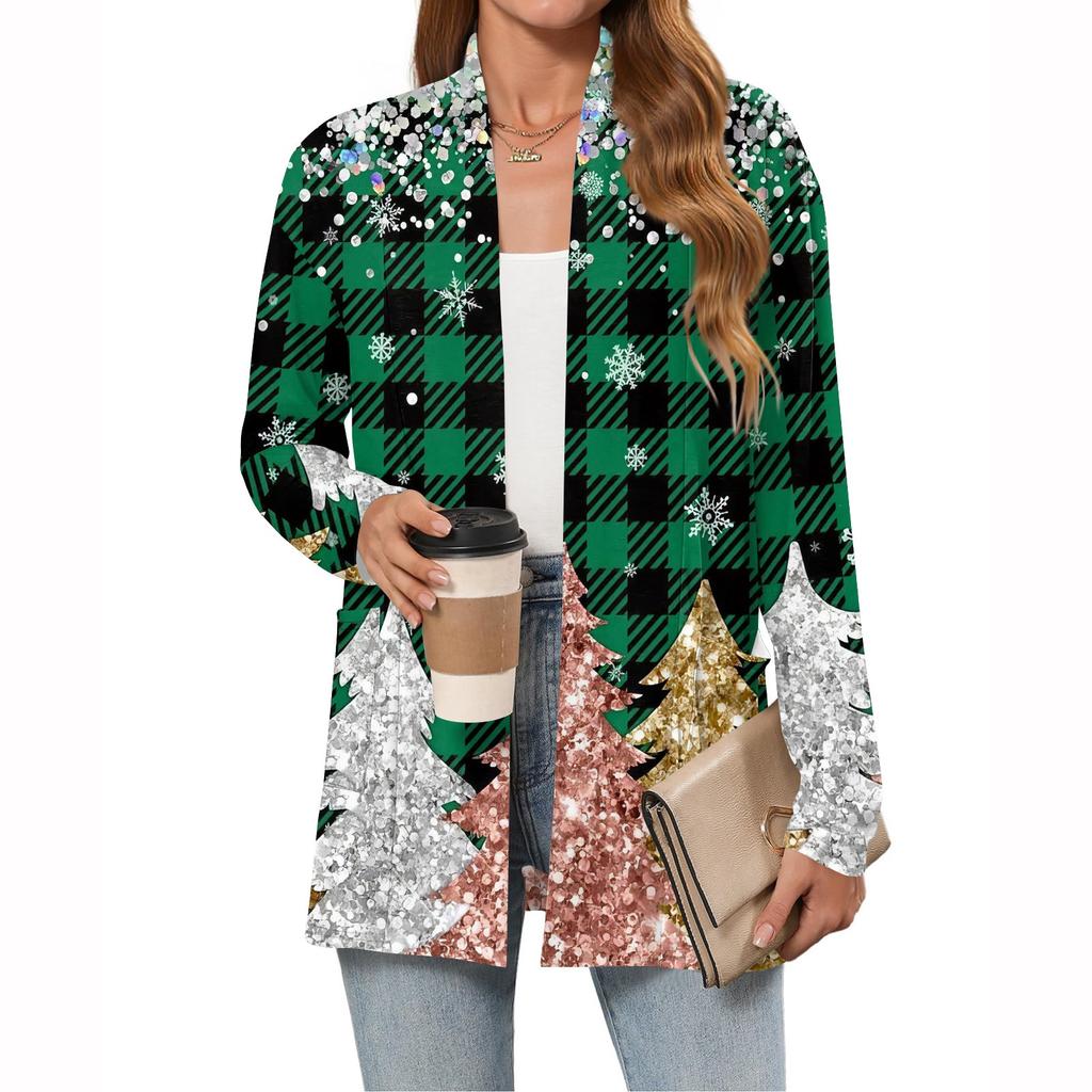 Women's Christmas Printed Lightweight Cardigan Long Sleeved Casual Loose Thin Fit With Pockets Cardigan Jacket