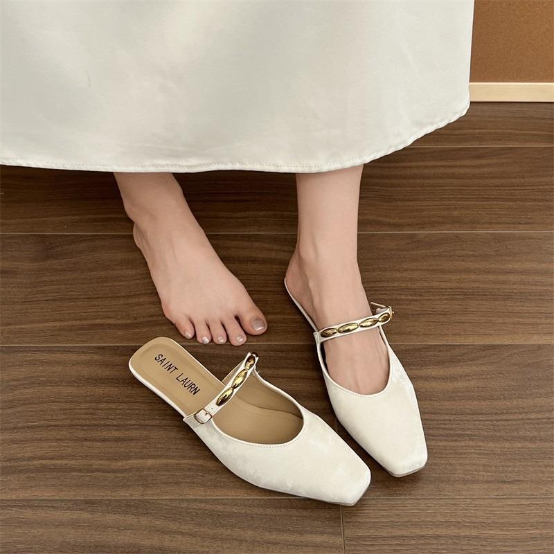 Sheepskin~ version of the new summer heelless square head shoes bag head cool slippers women's summer wear thick heel half slippers