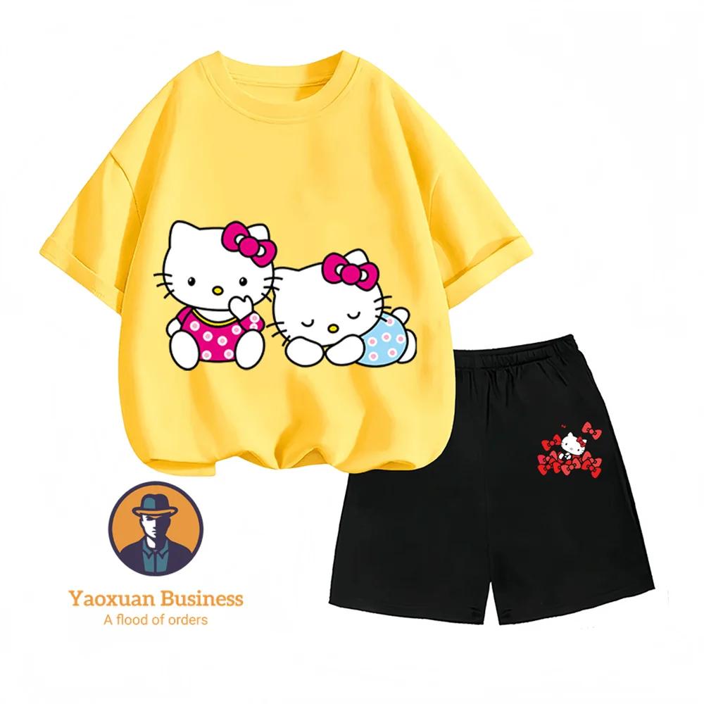 Loose and comfortable Hello Kitty cartoon crew neck two-piece summer set for kids