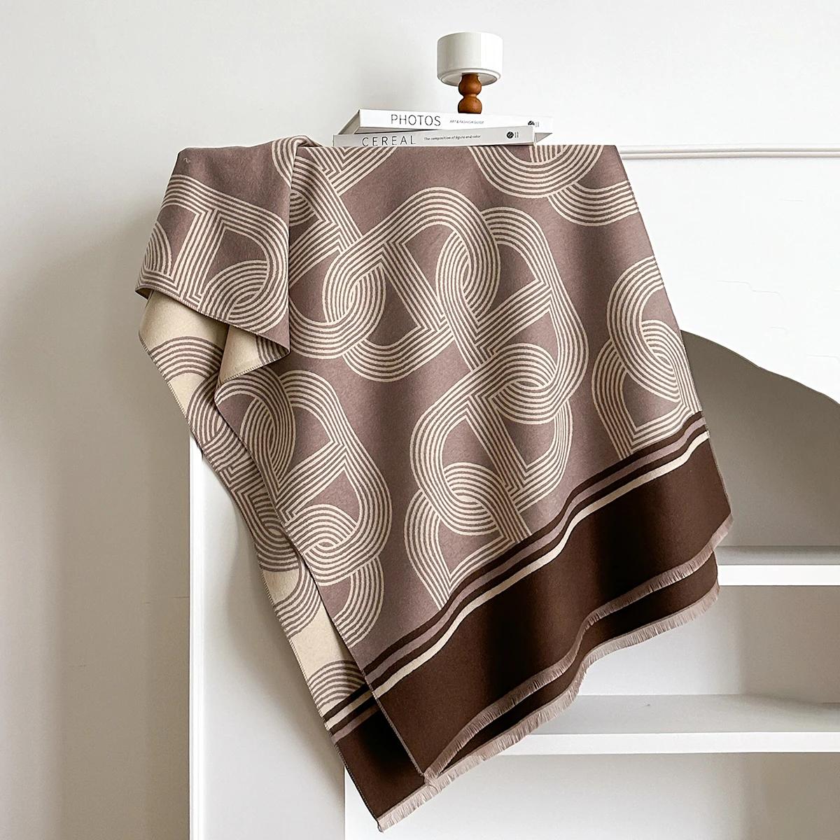 

2025 Women Warm Cloak Winter Scarves Bohemia Print Shawl Thickened Imitaion Cashmere Blanket Fashionable Luxury Versatile Scarf светло-коричневого