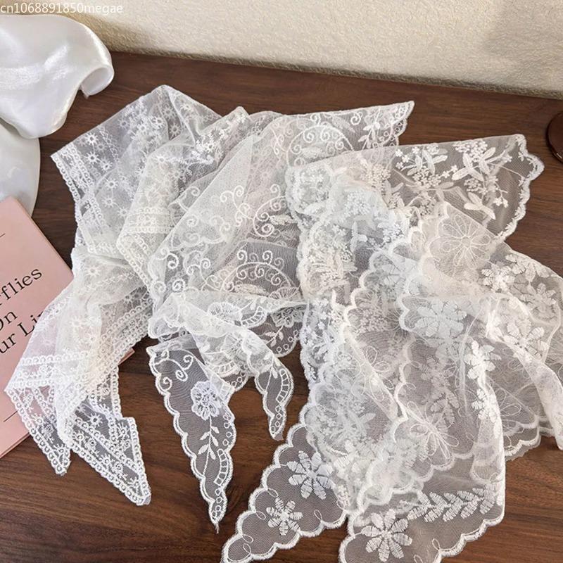 Summer White Woven Floral Lace Hair Scarf Wraps Women Retro Triangle Headscarf Hat Travel Photo Headband Hair Accessories