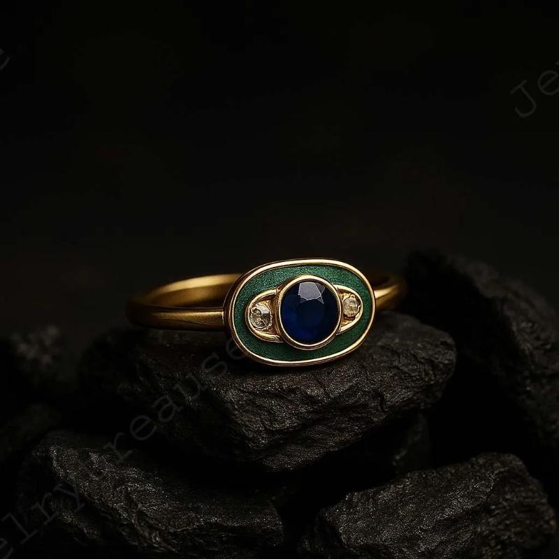 Vintage Green with Blue Synthetic Zirconia Ring Suitable for Women's Niche Design Daily Commuting Jewelry Accessories Gifts