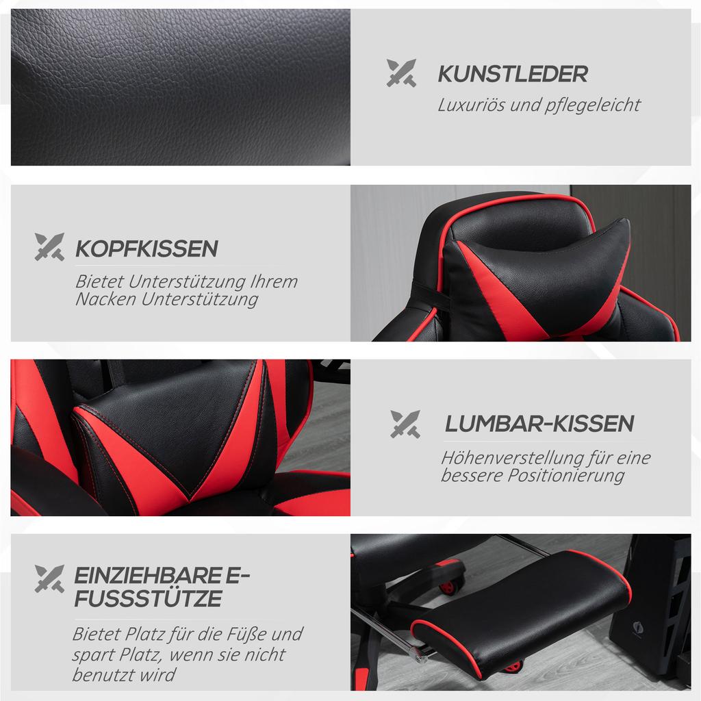 Gaming Chair, PU Leather Computer Chair, Home Office Chair with Footrest, Lumbar Support and Headrest, Red