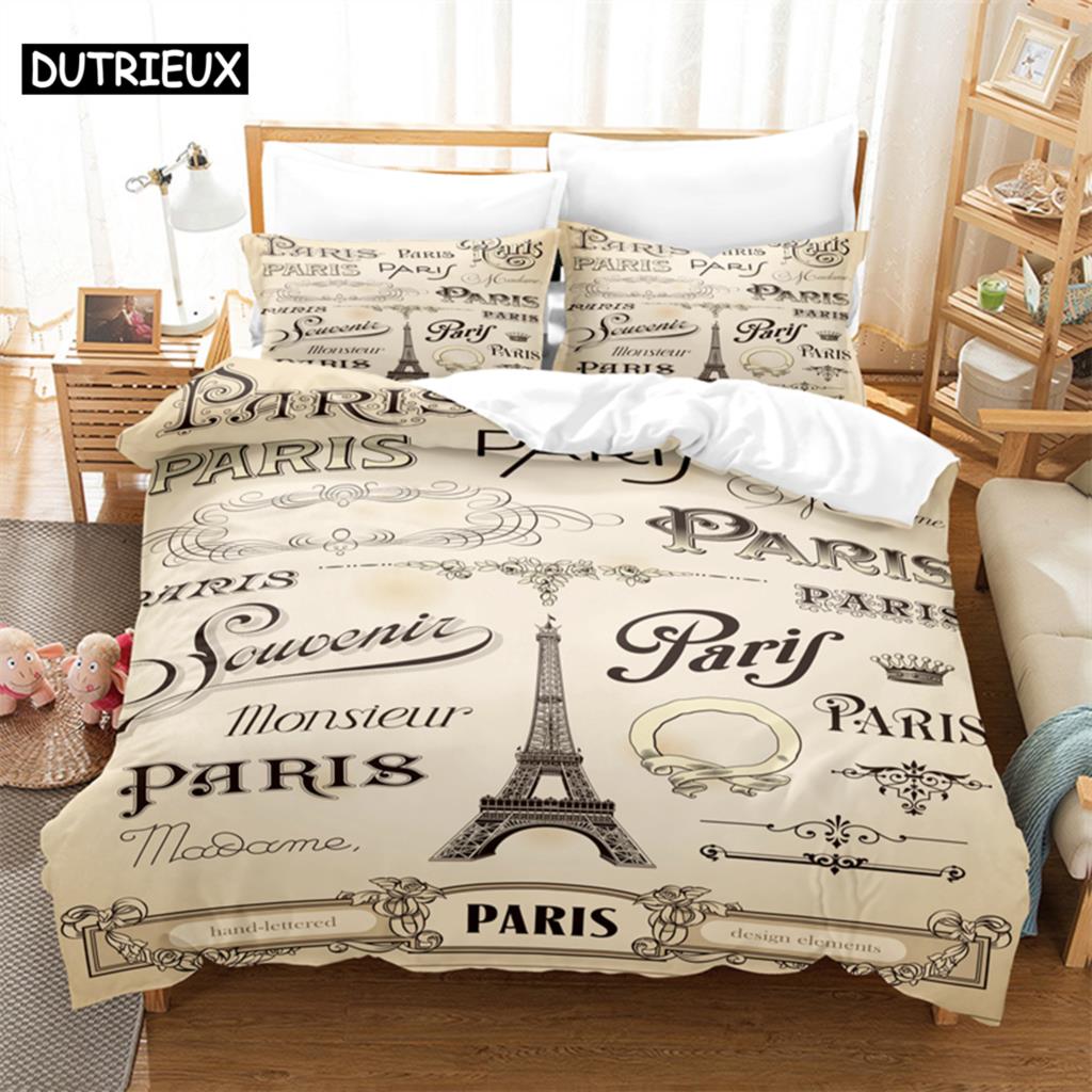 3D Digital-Printed Eiffel Tower-Themed Duvet Cover Set in Queen Size - Fashionable Bed Linen Design