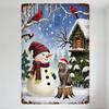 Vintage Christmas Snowman & Tabby Cat Tin Sign, Snowy Landscape with House Cardinals, Retro Rusty Border Metal Poster for Home W