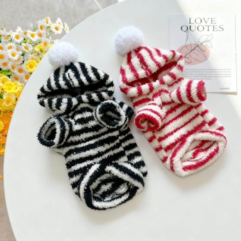 XS-XL Autumn Winter Pet Dog Warm Coats Red White Black Stripe Hoodie Dog Clothes for 0.5-7.5kg Small Medium Dogs