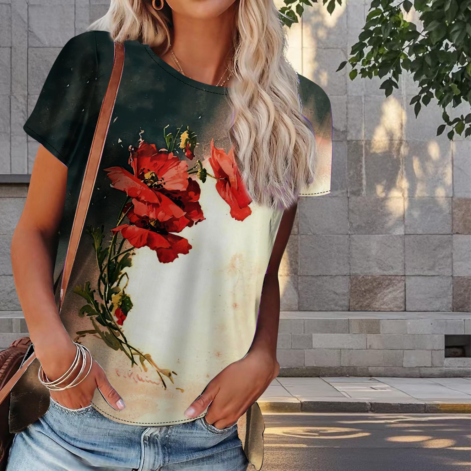 

Женская летняя футболка с цветочным принтом в стиле ретро, футболки с коротким рукавом, повседневные топы с принтом 2XL оранжевый