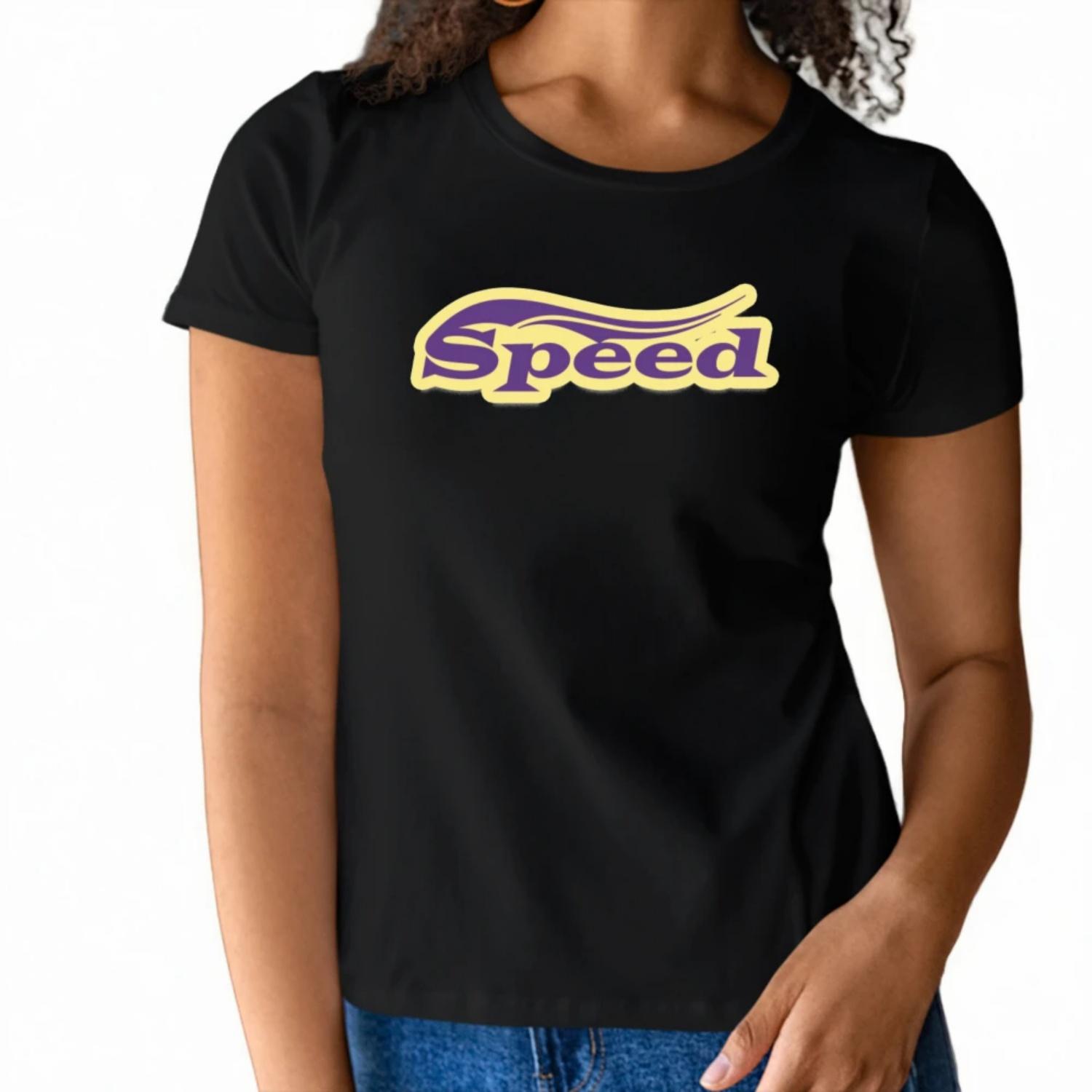 

Dynamic Womens Short Sleeve T Shirt Speed Design with Stylish Typography for a Fast paced Summer Look S чёрный