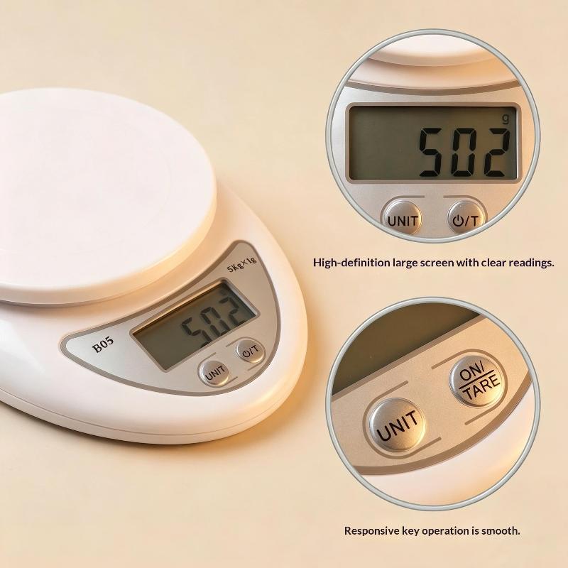 Digitale Küchenwaage Hohe Präzision 1g Max. Kapazität 5kg Kompakte Lebensmittelwaage für Wohnheim Kochen Backen