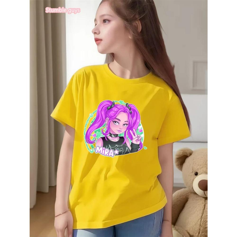 Girls Anime Kpop Theme T-Shirt 2026 Summer Style Cute Graphic Print Short Sleeve Soft Comfortable Anime Clothes Kids Tee
