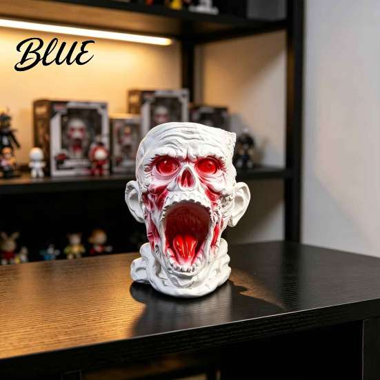 Horror Theme Stationery Holder Gothic Skull Pen Holder, Realistic Zombie Head Makeup Brush Organizer, Large Capacity Desktop Functional Stand Storage