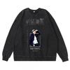 Dark Washed Vintage Anime Print Streetwear Hoodie Men - Retro Black Cotton Crewneck Sweatshirt Fall Casual Wear