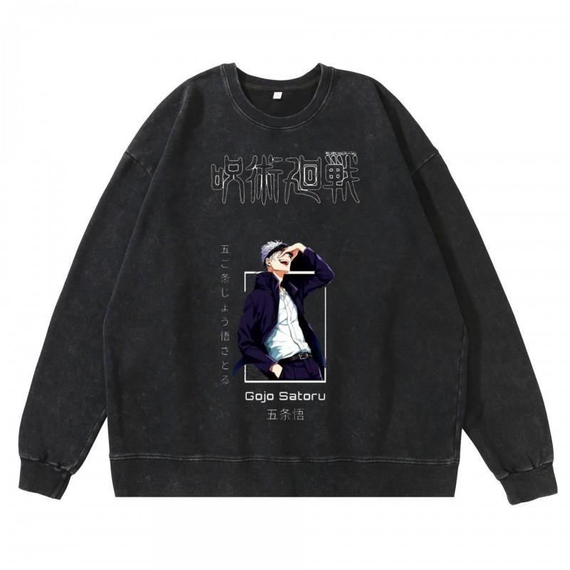 Dark Washed Vintage Anime Print Streetwear Hoodie Men - Retro Black Cotton Crewneck Sweatshirt Fall Casual Wear